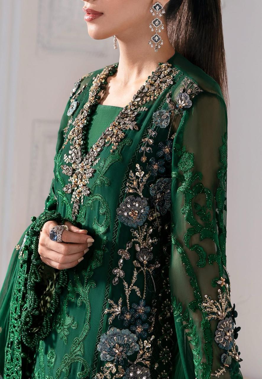 MARIA.B - Green Embroidered Chiffon Center Panel With Diamantes | BD-3008