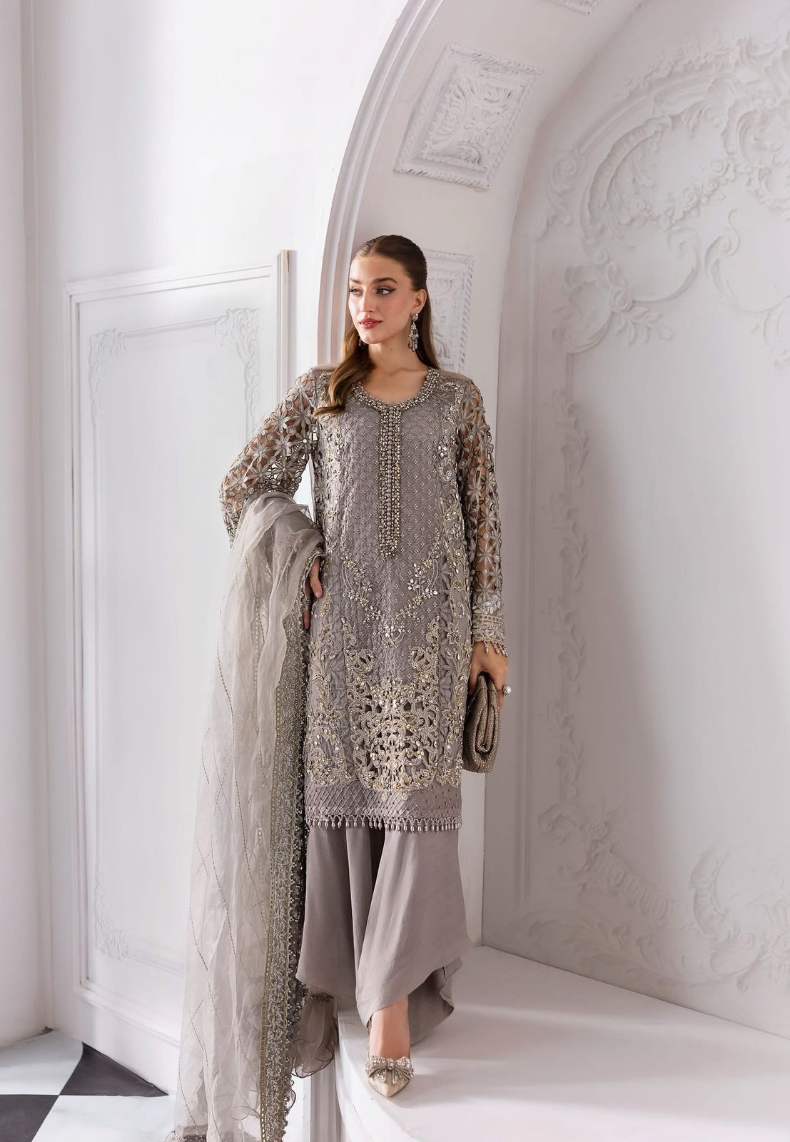MARIA.B - Grey Embroidered Chiffon Center Panel | BD-3008