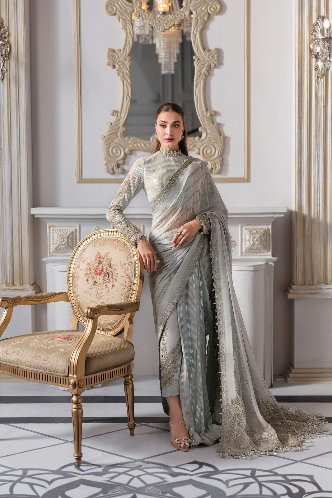 MARIA.B - Greenish Blue Embroidered Chiffon Center Panel | BD-3010