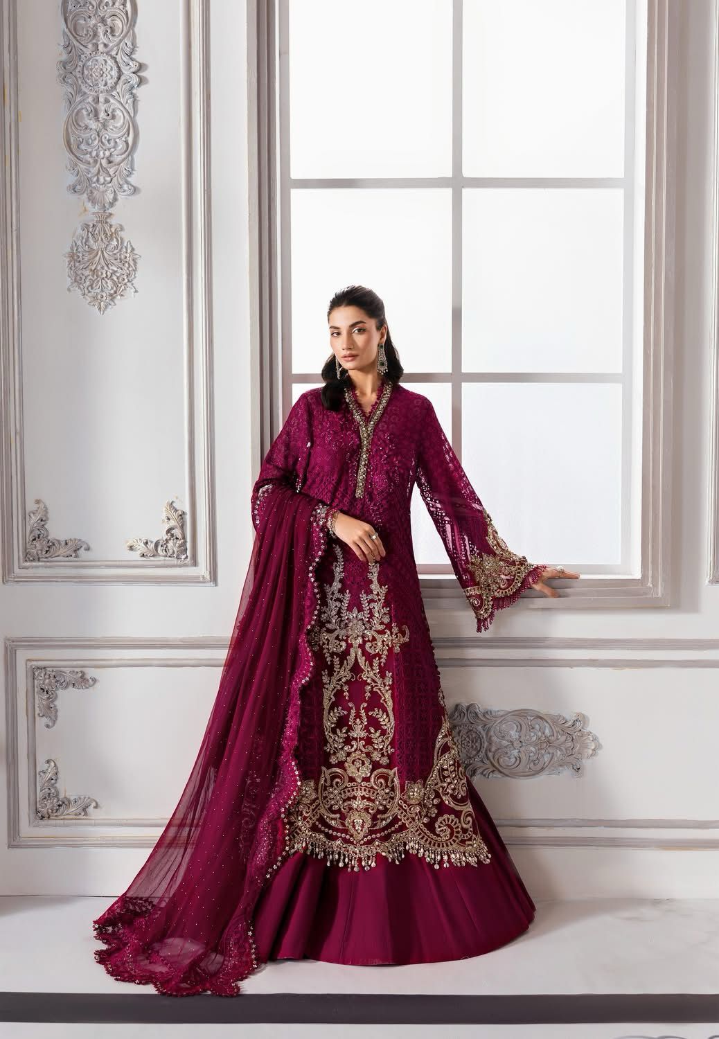MARIA.B - Deep Red Embroidered Chiffon Center Panel | BD-3011