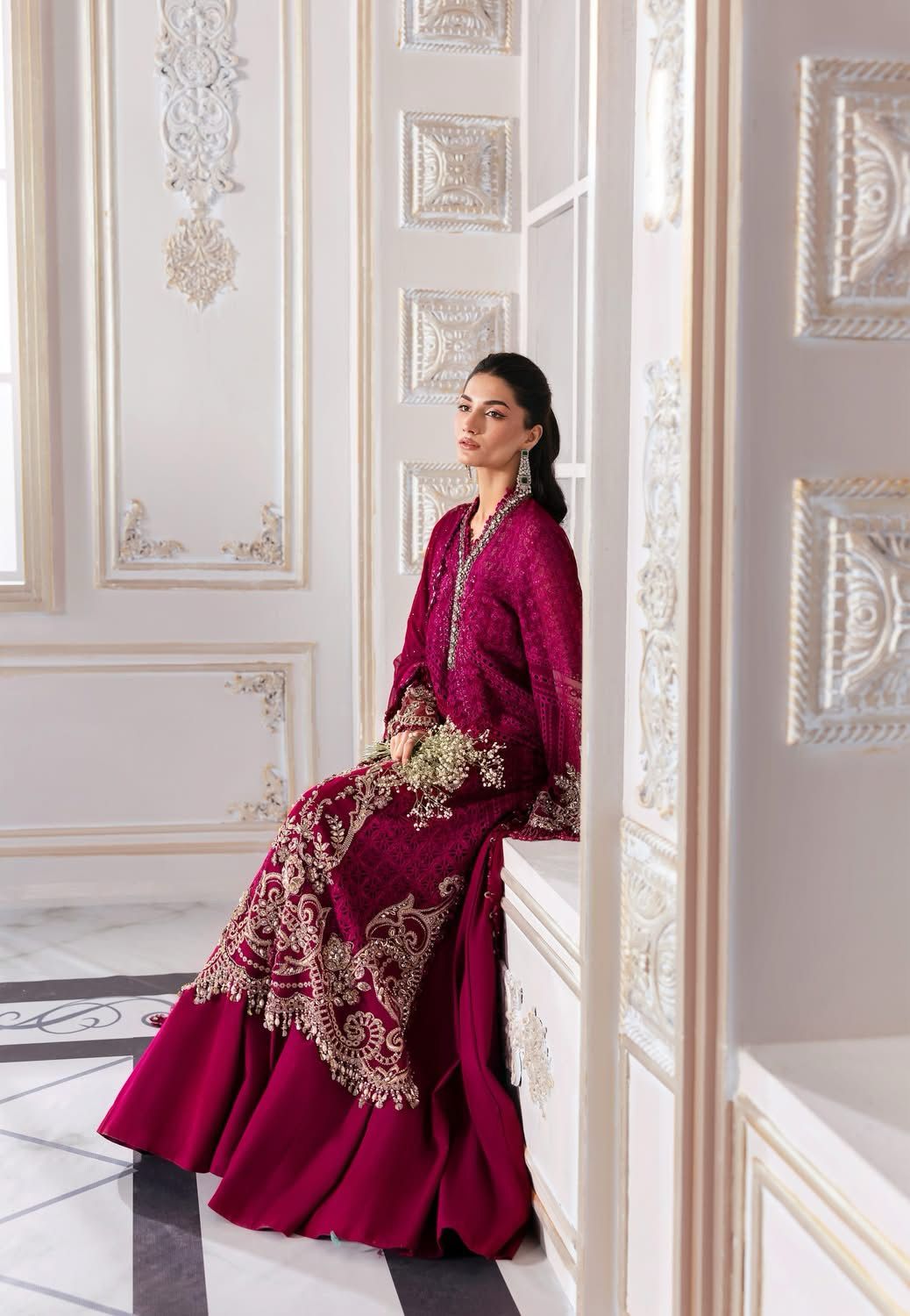 MARIA.B - Deep Red Embroidered Chiffon Center Panel | BD-3011