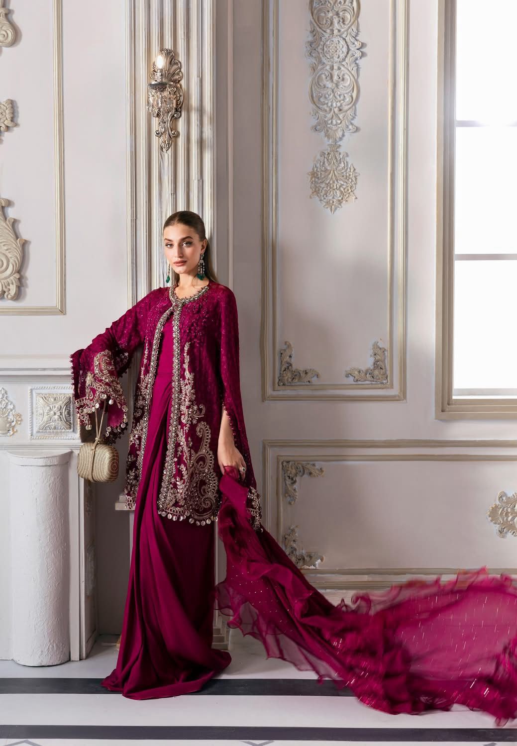 MARIA.B - Deep Red Embroidered Chiffon Center Panel | BD-3011