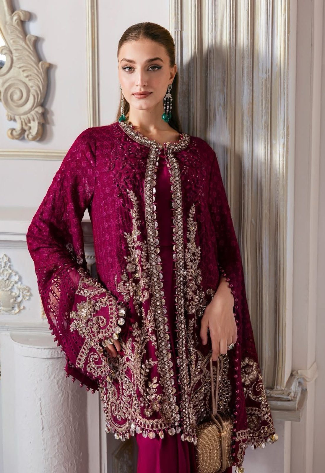 MARIA.B - Deep Red Embroidered Chiffon Center Panel | BD-3011