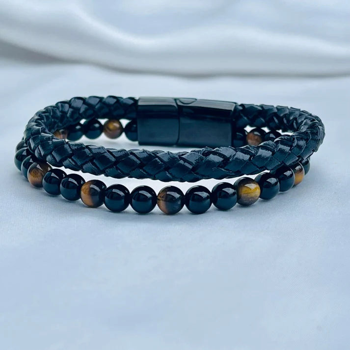 Tiger Eye Gemstone Leather Bracelet