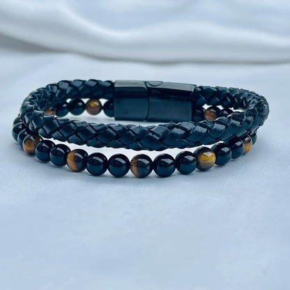 Tiger Eye Gemstone Leather Bracelet