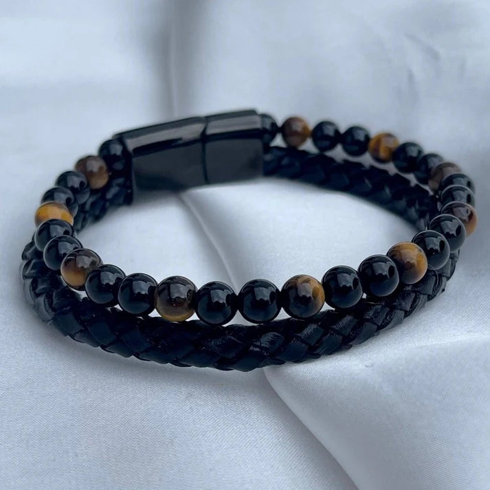 Tiger Eye Gemstone Leather Bracelet