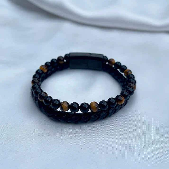 Tiger Eye Gemstone Leather Bracelet