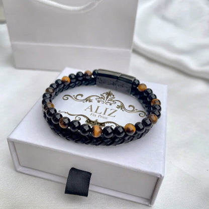 Tiger Eye Gemstone Leather Bracelet