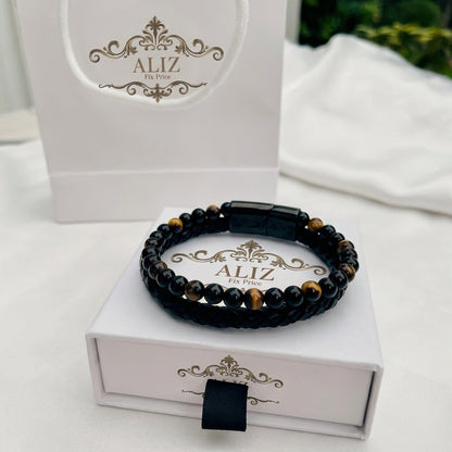 Tiger Eye Gemstone Leather Bracelet